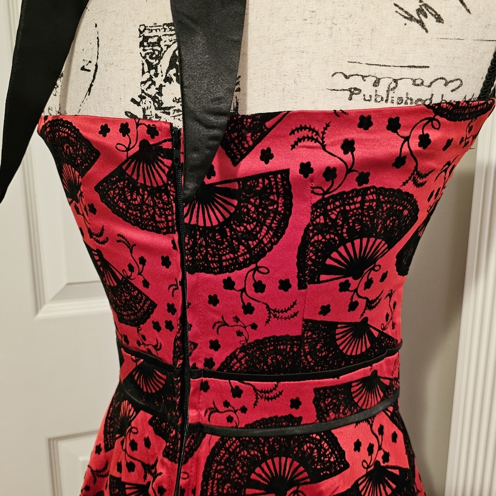 VOODOO VIXEN Red Black Fan Halter Dress Fit & Flare - Rare! - Picture 4 of 8
